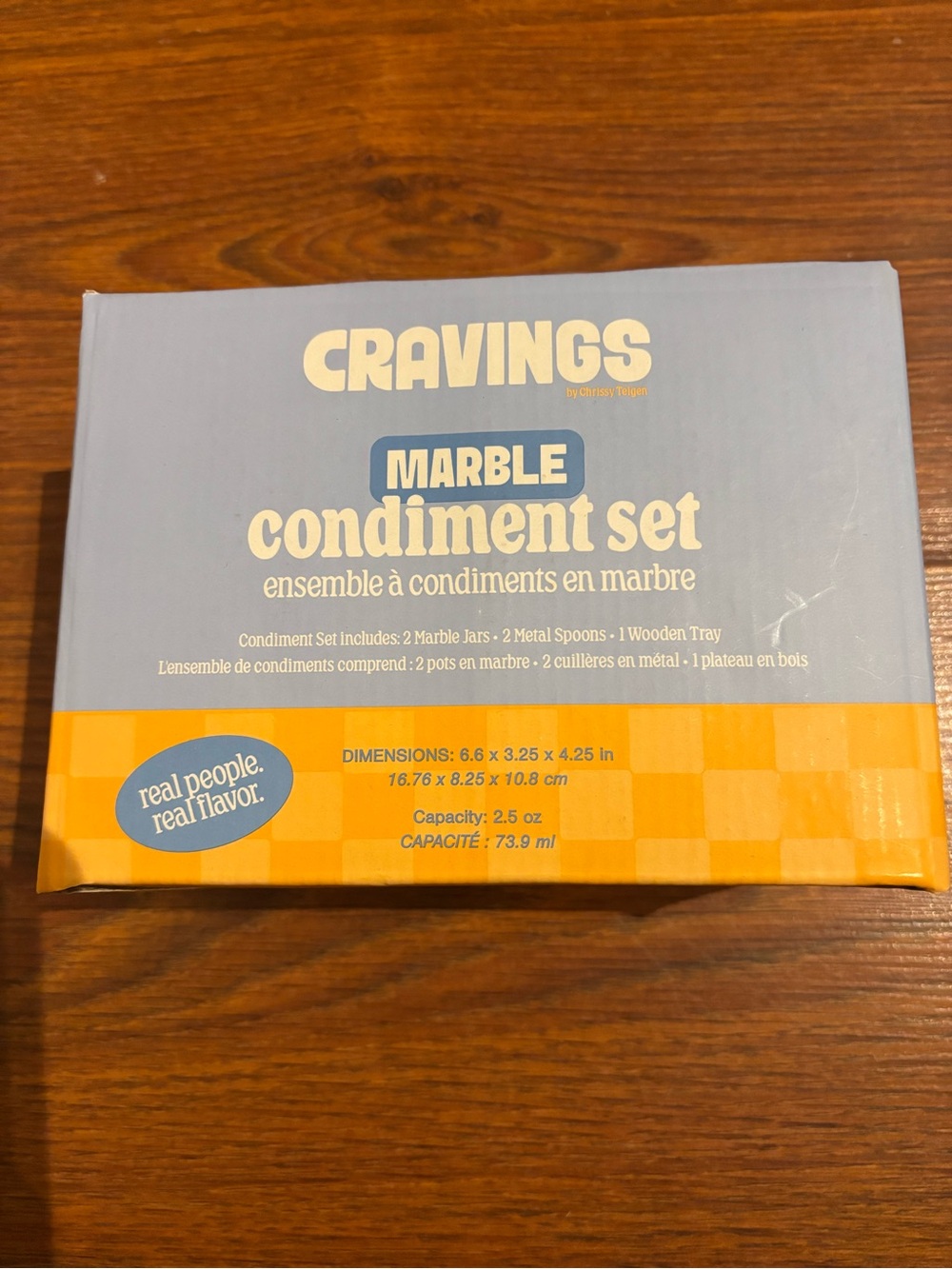 BNIB by Cravings Blue Marble Condiment Set with Wooden Tray